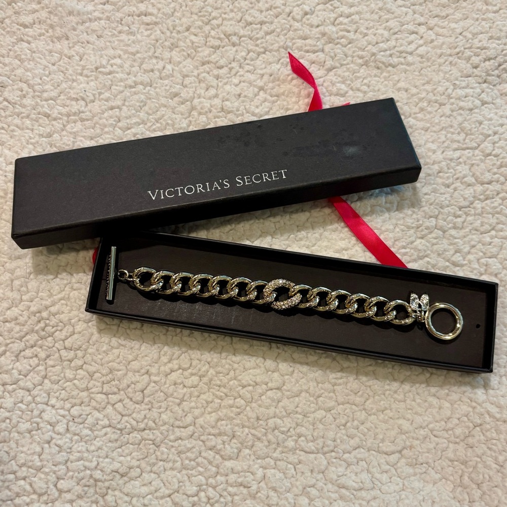 Victoria's Secret Limited Edition Chunky Gold Chain Bracelet Rhinestone Center